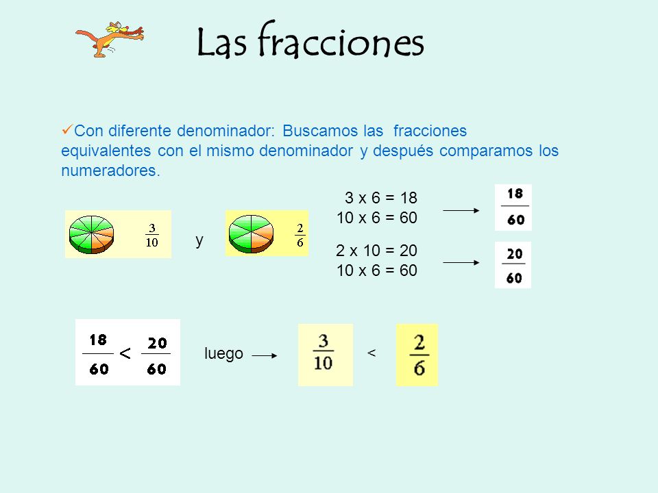 Las fracciones Con diferente denominador: Buscamos las fracciones equivalentes con el mismo denominador y después comparamos los numeradores.