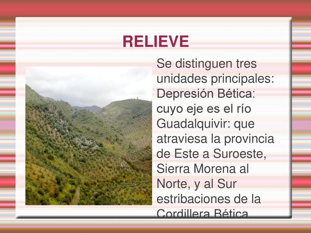 RELIEVE Se distinguen tres unidades principales: Depresión Bética: cuyo eje es el río Guadalquivir: que atraviesa la provincia de Este a Suroeste,