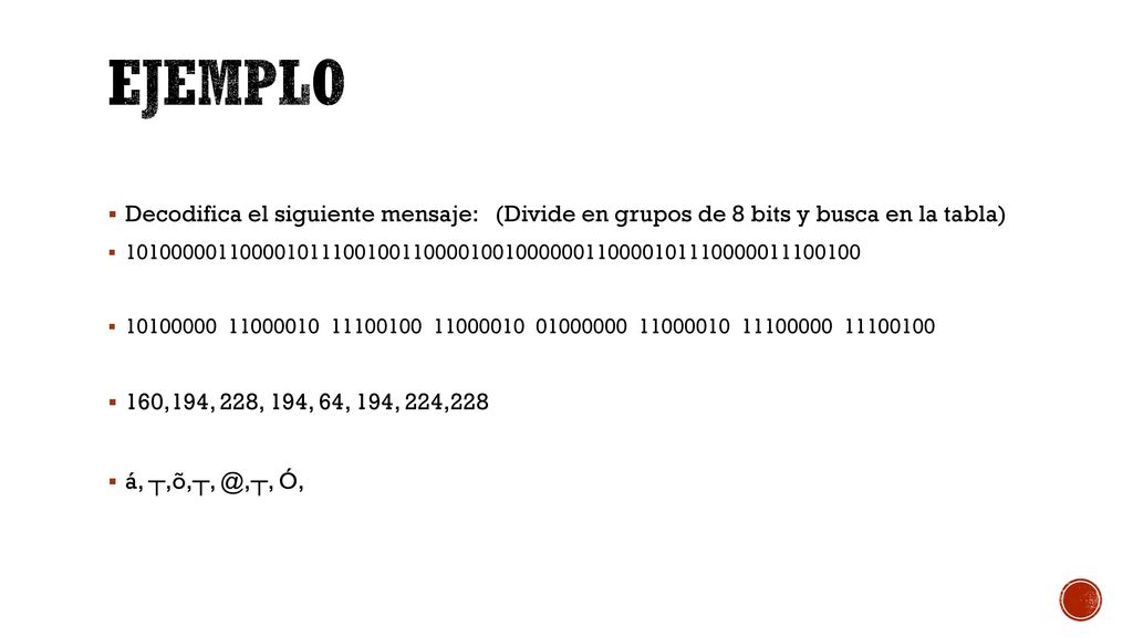 Ejemplo Decodifica el siguiente mensaje: (Divide en grupos de 8 bits y busca en la tabla)