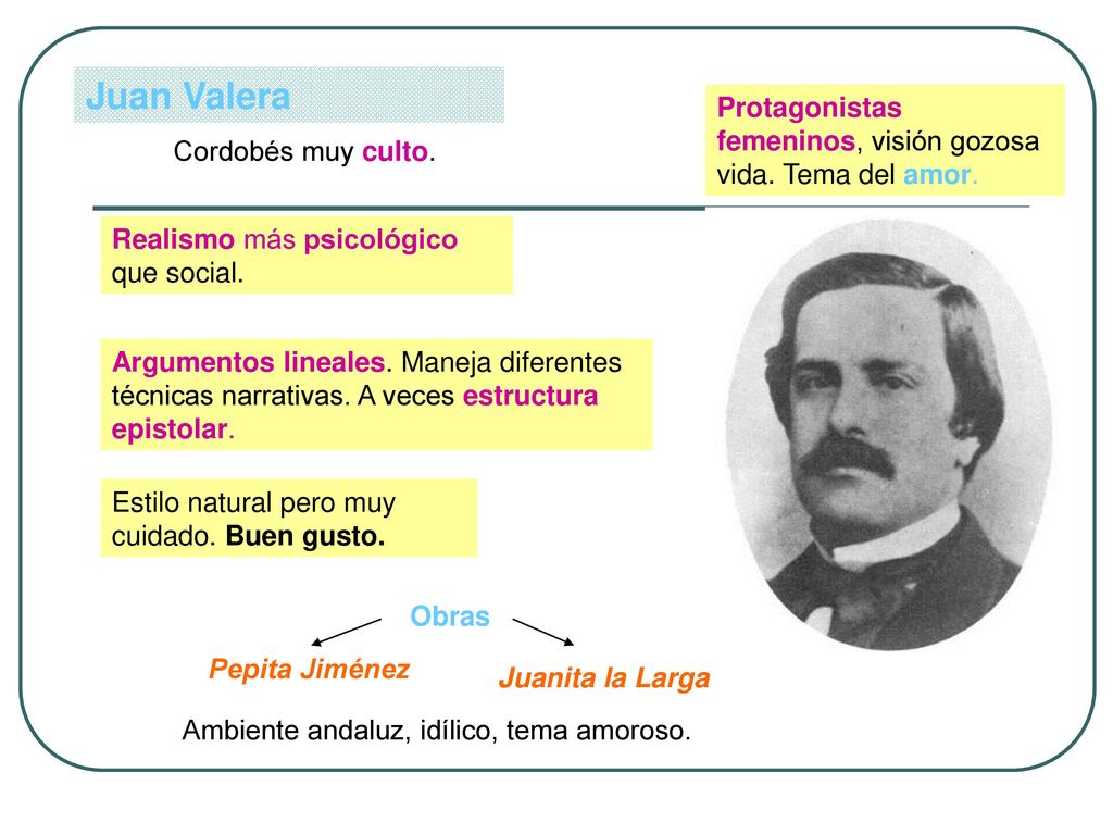 Juan Valera Protagonistas femeninos, visión gozosa vida. Tema del amor. Cordobés muy culto. Realismo más psicológico que social.
