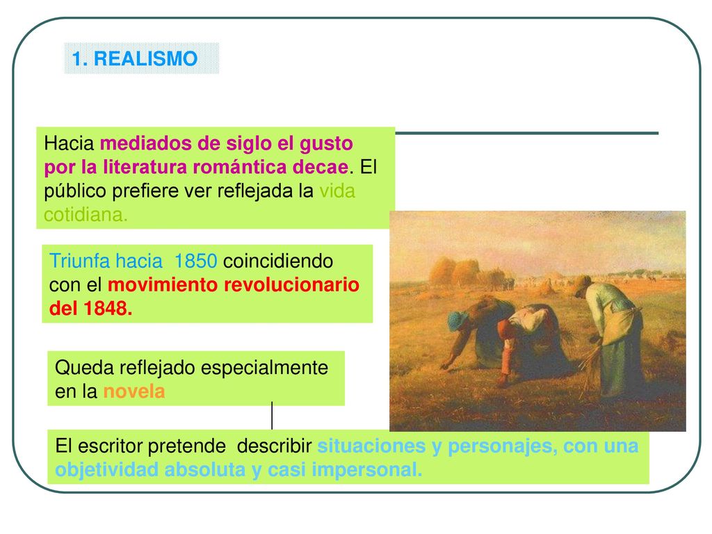 1. REALISMO Hacia mediados de siglo el gusto por la literatura romántica decae. El público prefiere ver reflejada la vida cotidiana.