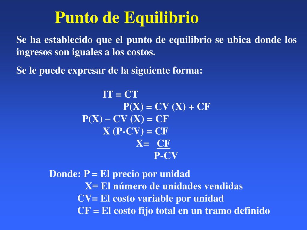 Punto de Equilibrio Se ha establecido que el punto de equilibrio se ubica donde los ingresos son iguales a los costos.