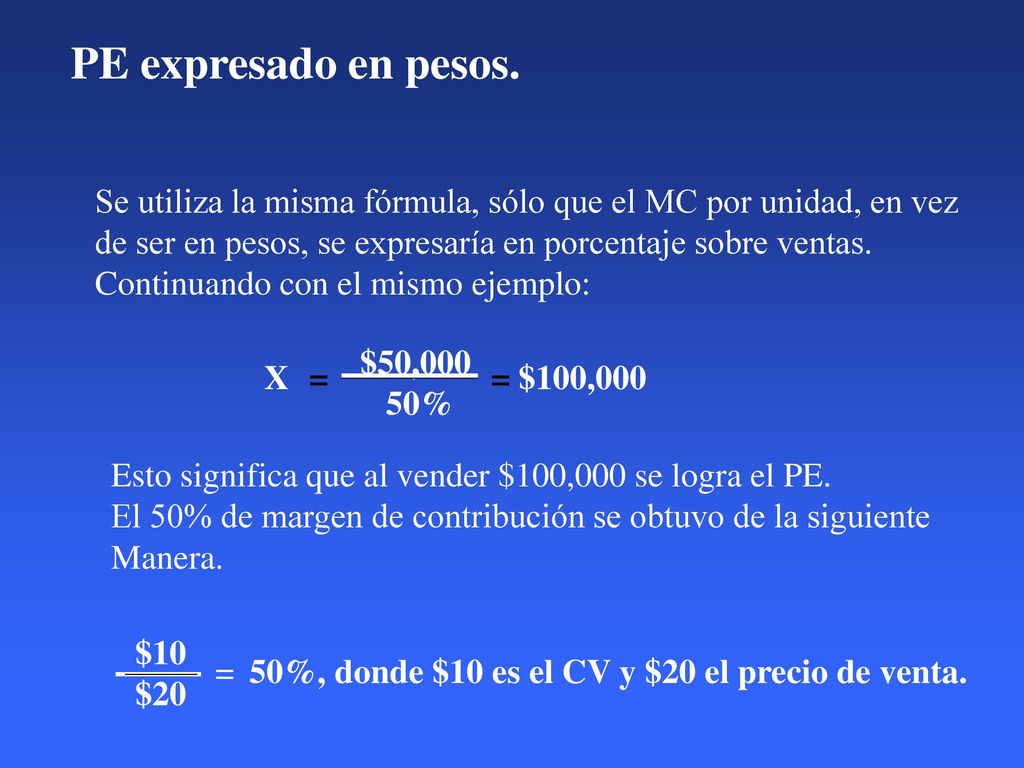 PE expresado en pesos. Se utiliza la misma fórmula, sólo que el MC por unidad, en vez. de ser en pesos, se expresaría en porcentaje sobre ventas.