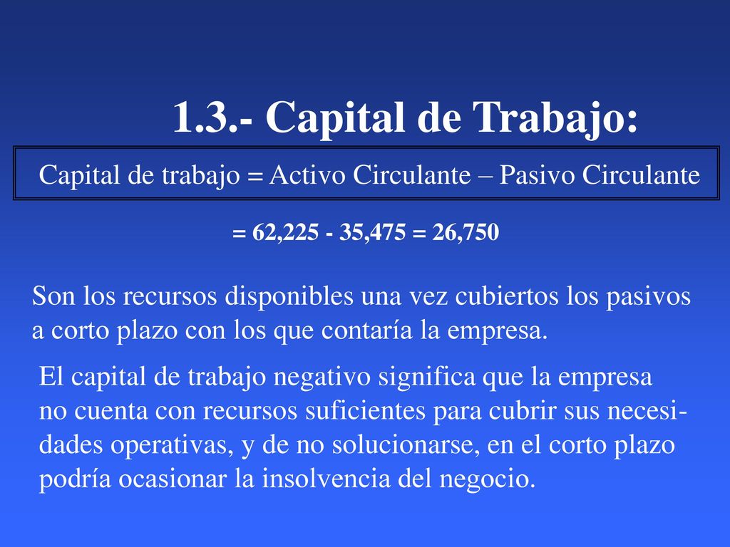 1.3.- Capital de Trabajo: Capital de trabajo = Activo Circulante – Pasivo Circulante. = 62, ,475 = 26,750.