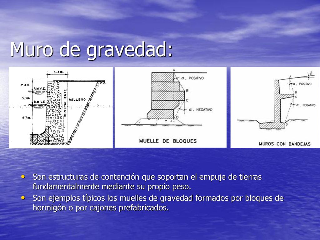 Muro de gravedad: Son estructuras de contención que soportan el empuje de tierras fundamentalmente mediante su propio peso.