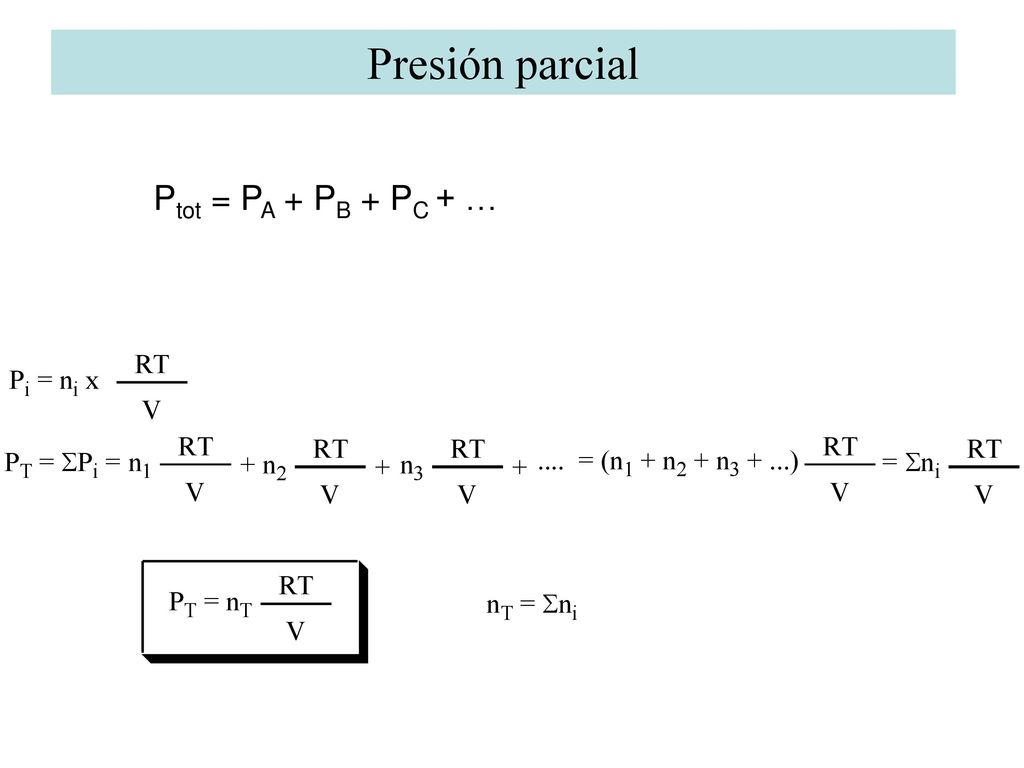 Presión parcial Ptot = PA + PB + PC + …
