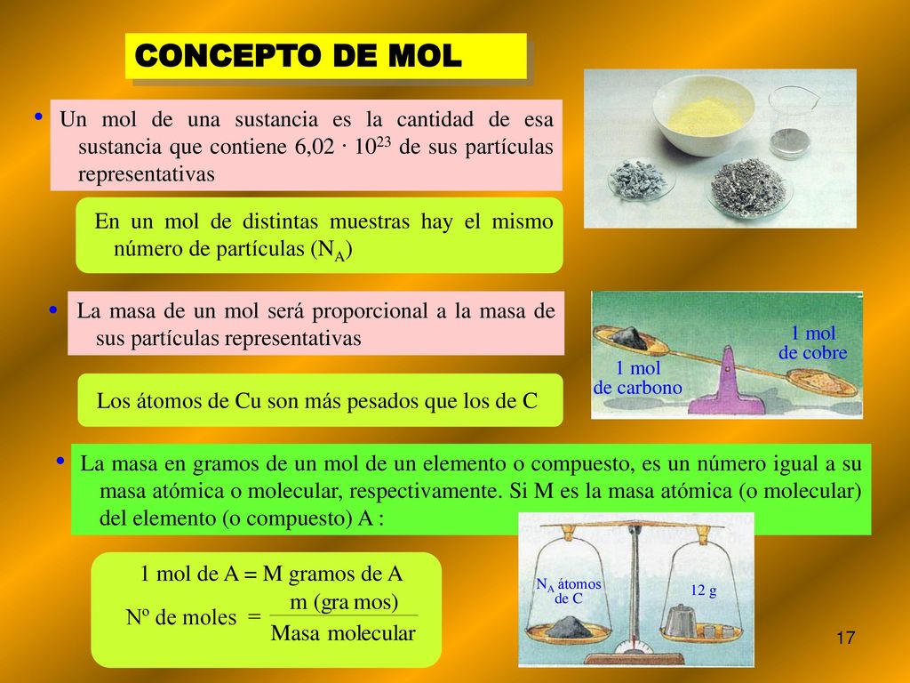 CONCEPTO DE MOL Un mol de una sustancia es la cantidad de esa sustancia que contiene 6, de sus partículas representativas.