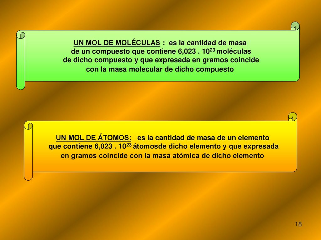 UN MOL DE MOLÉCULAS : es la cantidad de masa