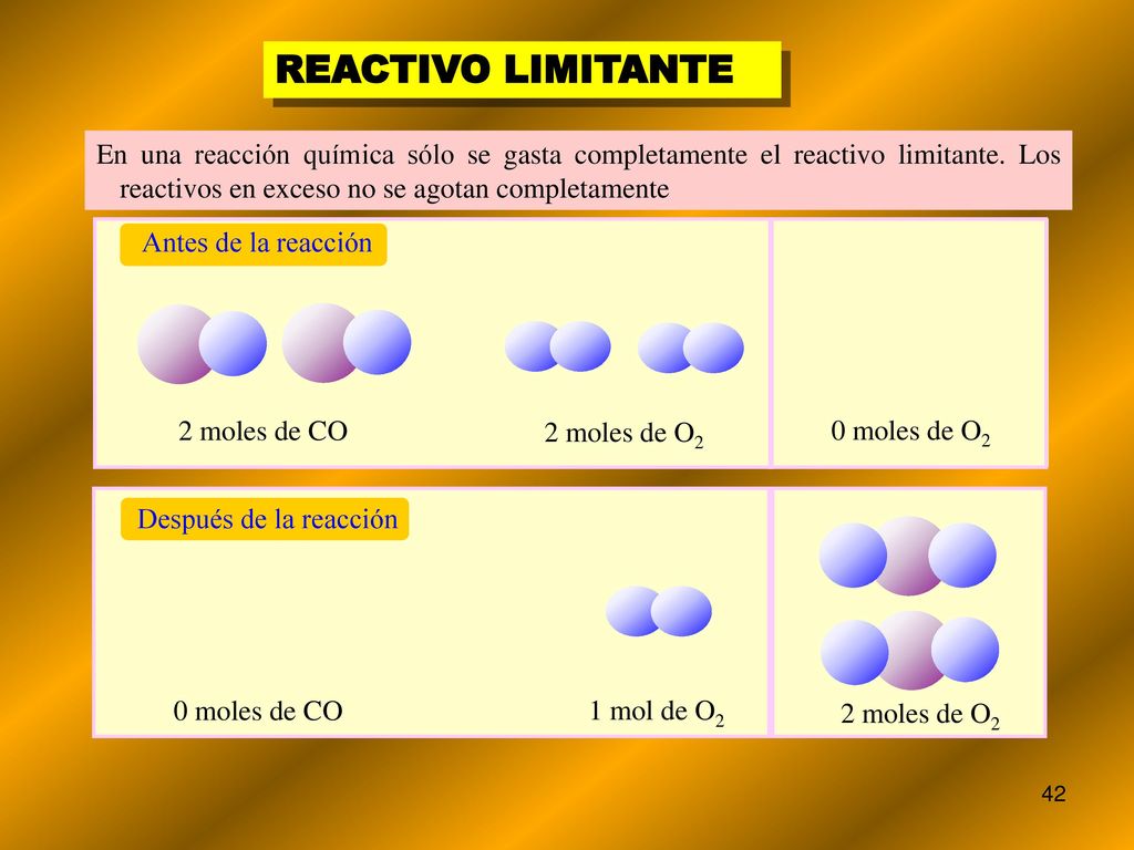 REACTIVO LIMITANTE En una reacción química sólo se gasta completamente el reactivo limitante. Los reactivos en exceso no se agotan completamente.