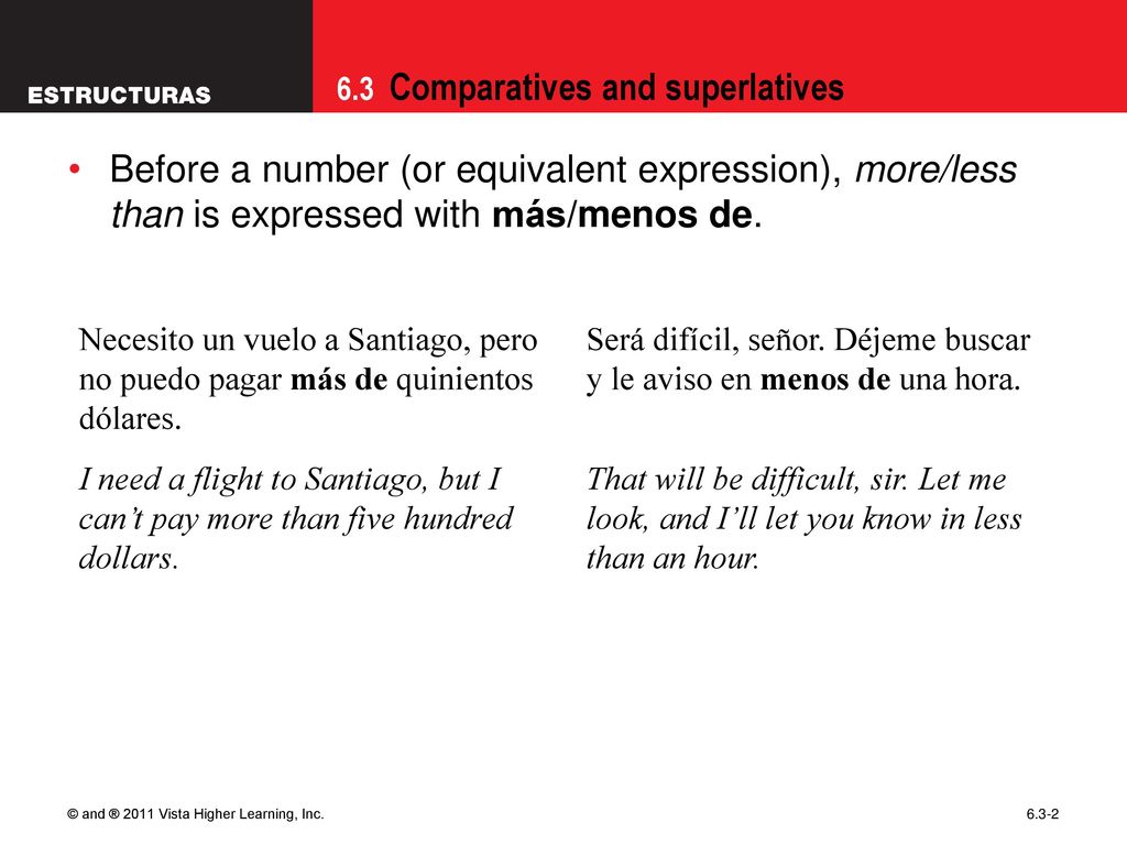 10/02/09 Before a number (or equivalent expression), more/less than is expressed with más/menos de.