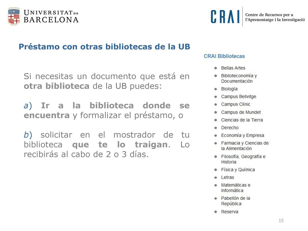 Si necesitas un documento que está en otra biblioteca de la UB puedes: