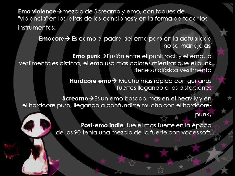 Emo violencemezcla de Screamo y emo, con toques de violencia en las letras de las canciones y en la forma de tocar los instrumentos.