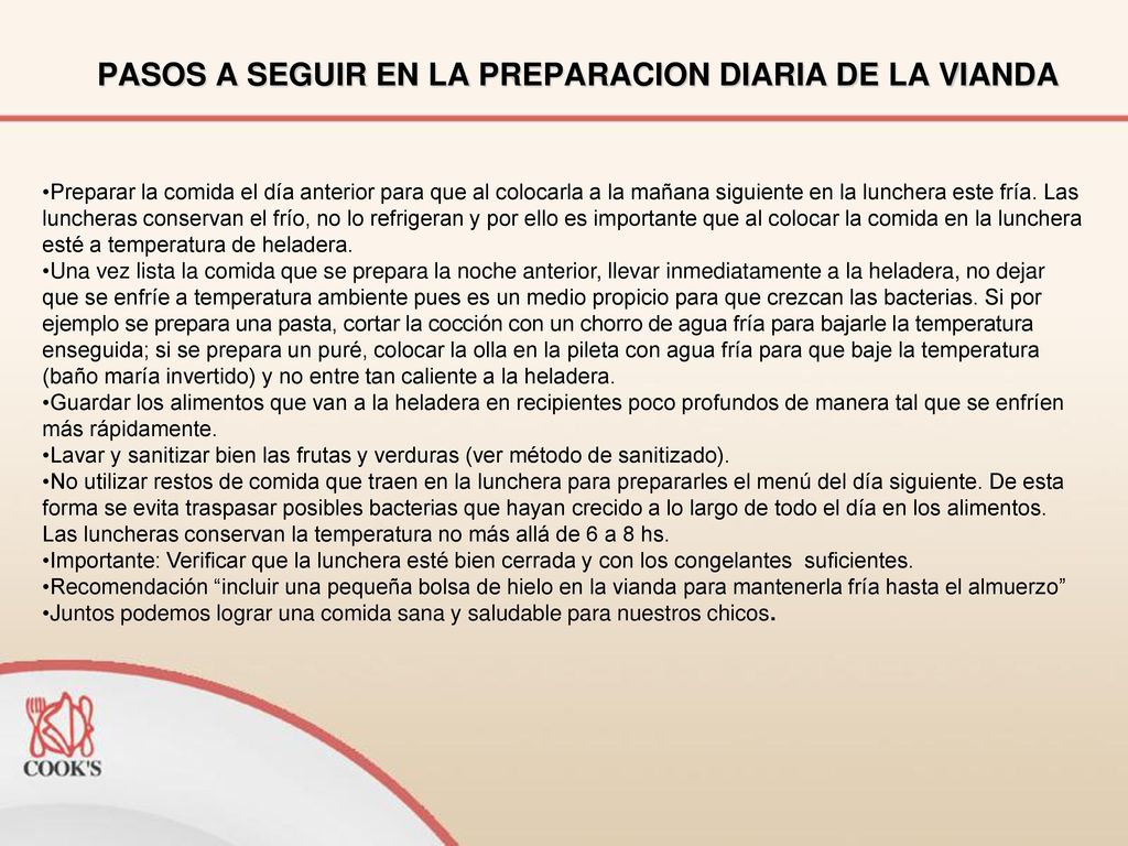 PASOS A SEGUIR EN LA PREPARACION DIARIA DE LA VIANDA