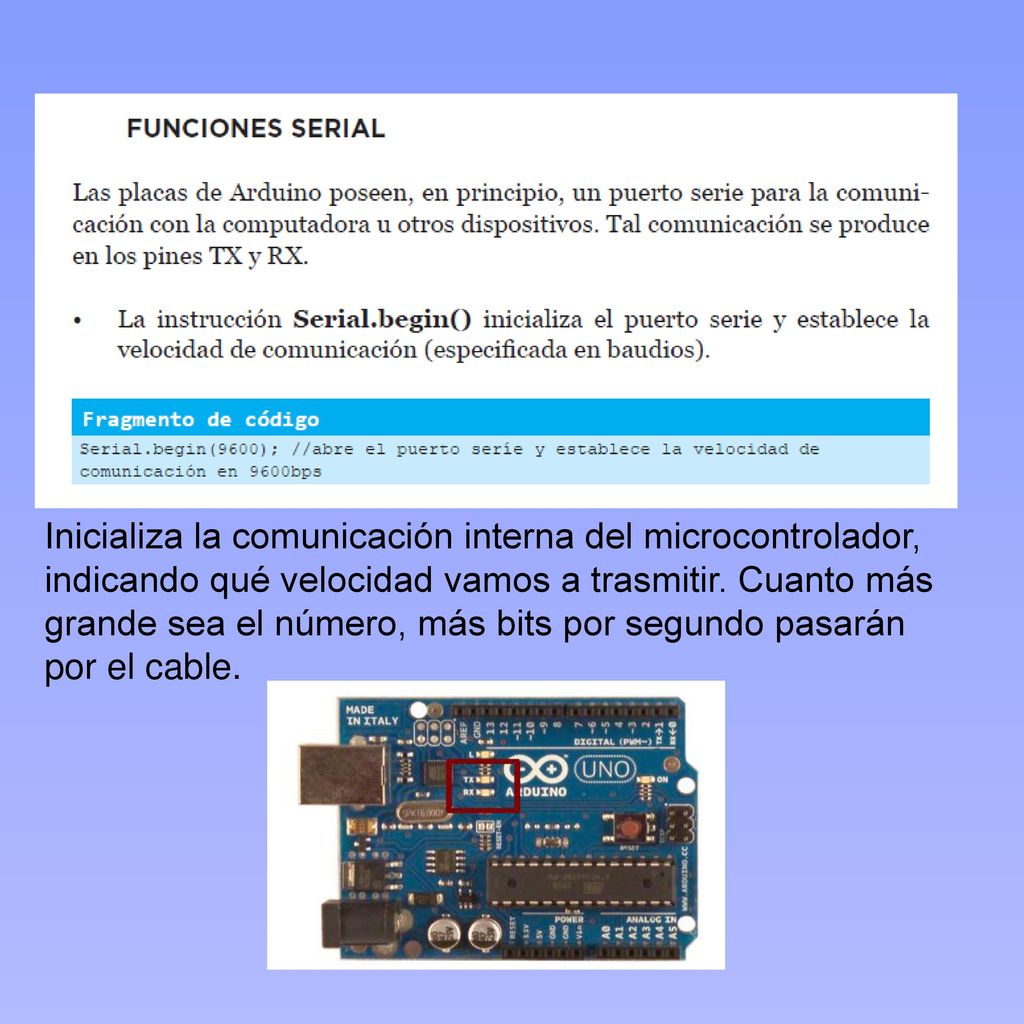 Inicializa la comunicación interna del microcontrolador, indicando qué velocidad vamos a trasmitir.