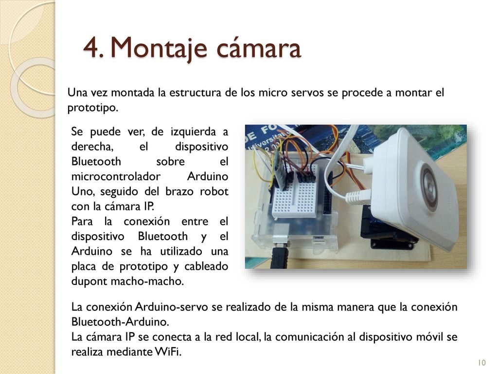 4. Montaje cámara Una vez montada la estructura de los micro servos se procede a montar el prototipo.
