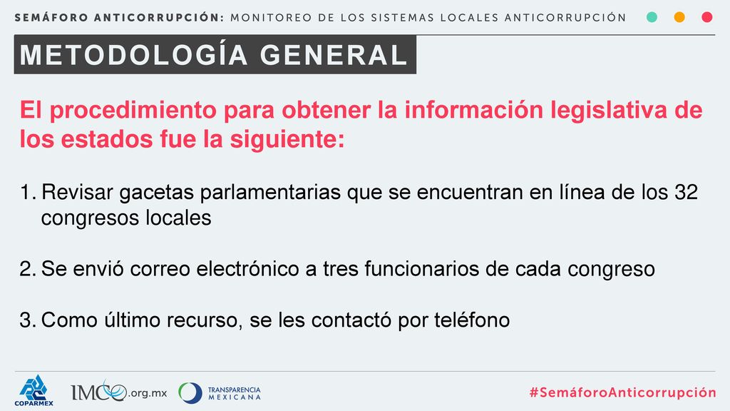 METODOLOGÍA GENERAL El procedimiento para obtener la información legislativa de los estados fue la siguiente:
