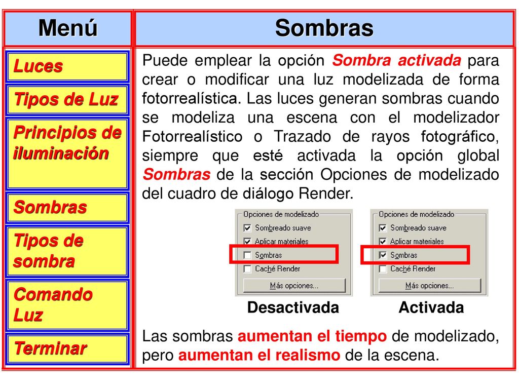 Menú Sombras Luces Tipos de Luz Principios de iluminación Sombras