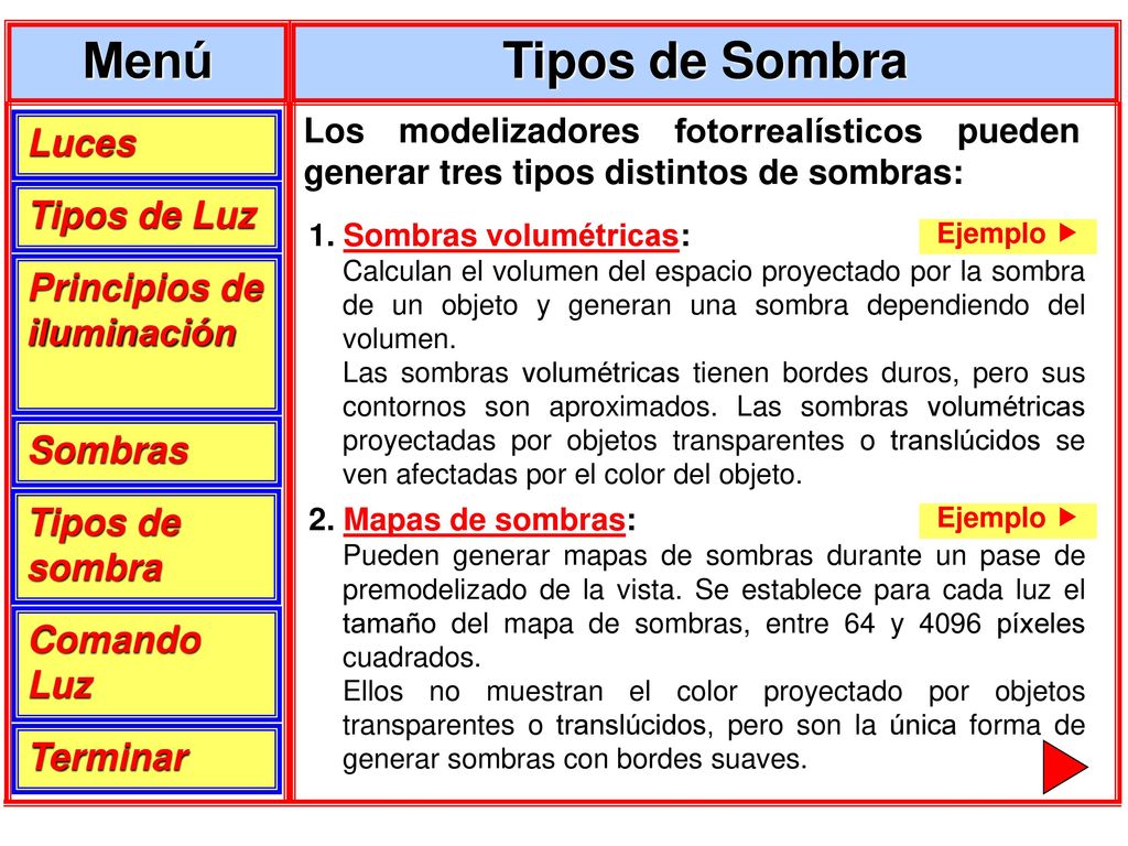 Menú Tipos de Sombra Luces Tipos de Luz Principios de iluminación