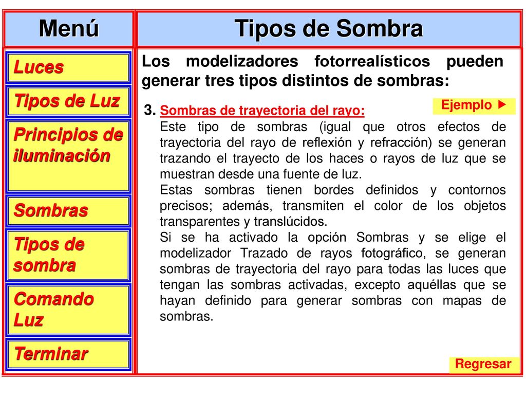 Menú Tipos de Sombra Luces Tipos de Luz Principios de iluminación