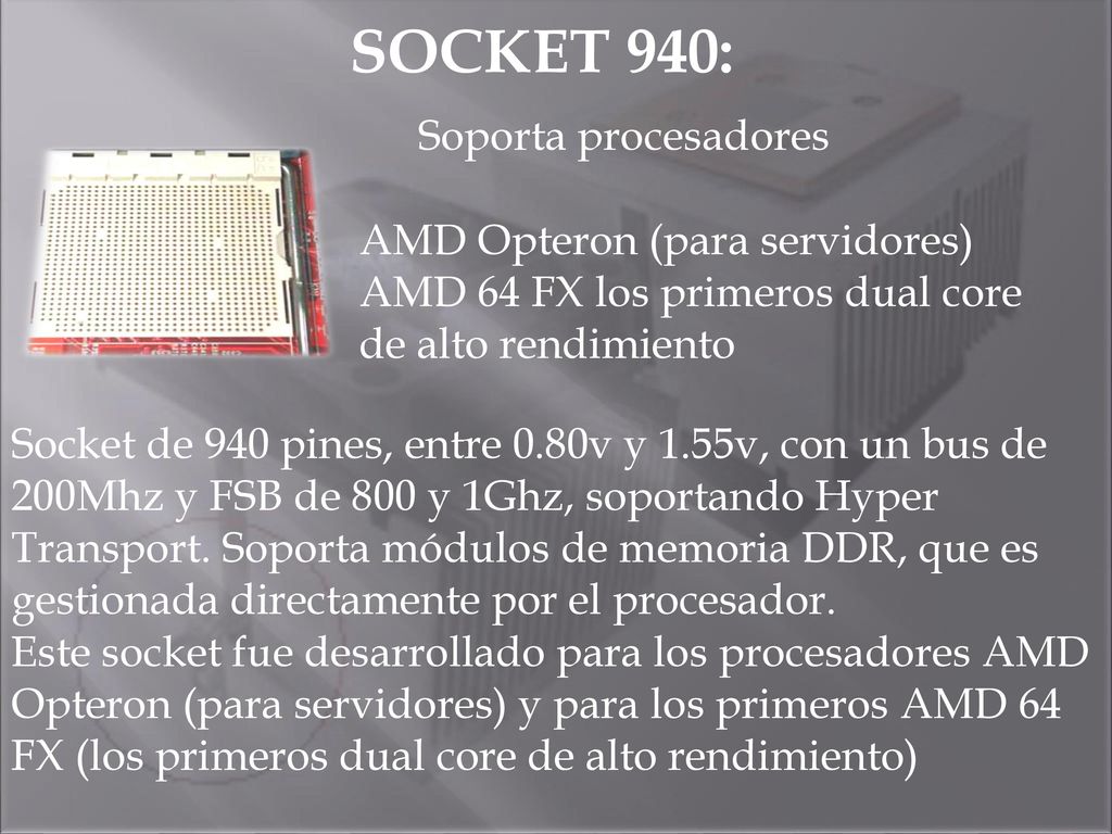 SOCKET 940: Soporta procesadores AMD Opteron (para servidores)