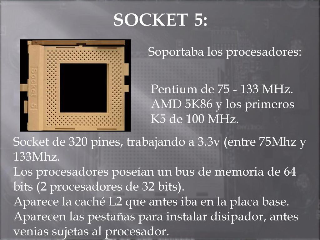 SOCKET 5: Soportaba los procesadores: Pentium de MHz.