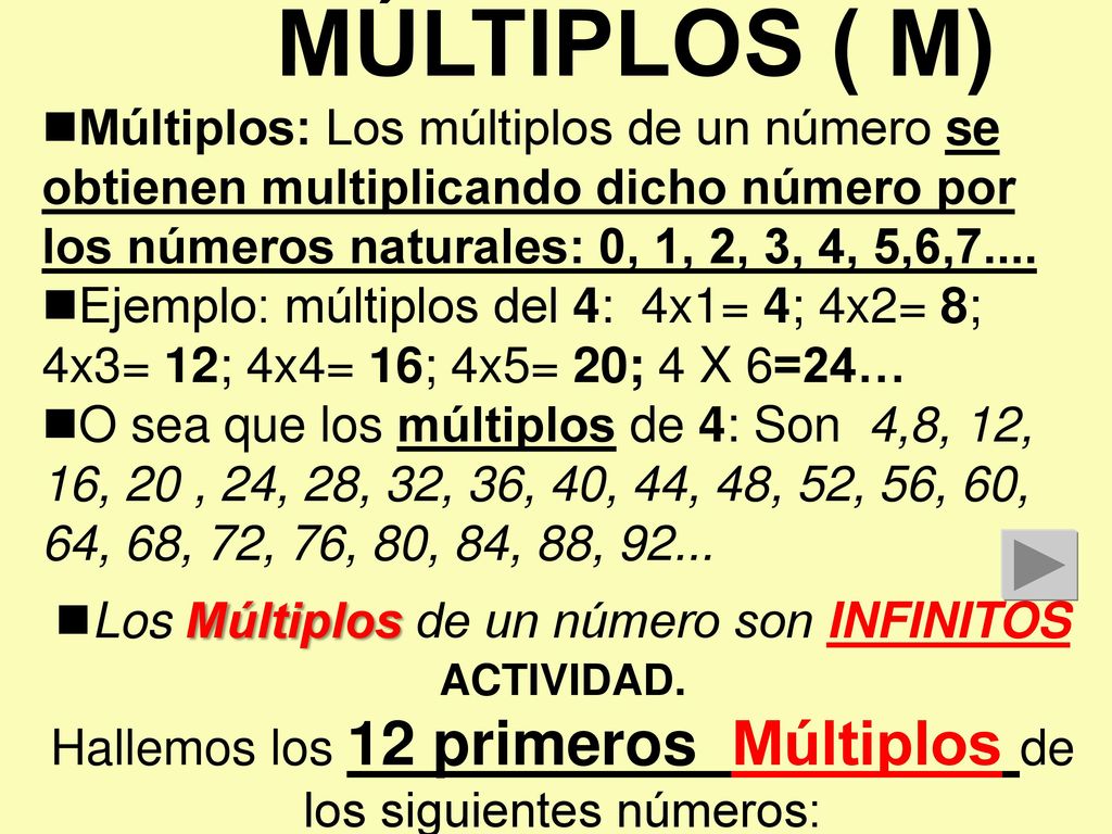 MÚLTIPLOS ( M) Múltiplos: Los múltiplos de un número se obtienen multiplicando dicho número por los números naturales: 0, 1, 2, 3, 4, 5,6,7....