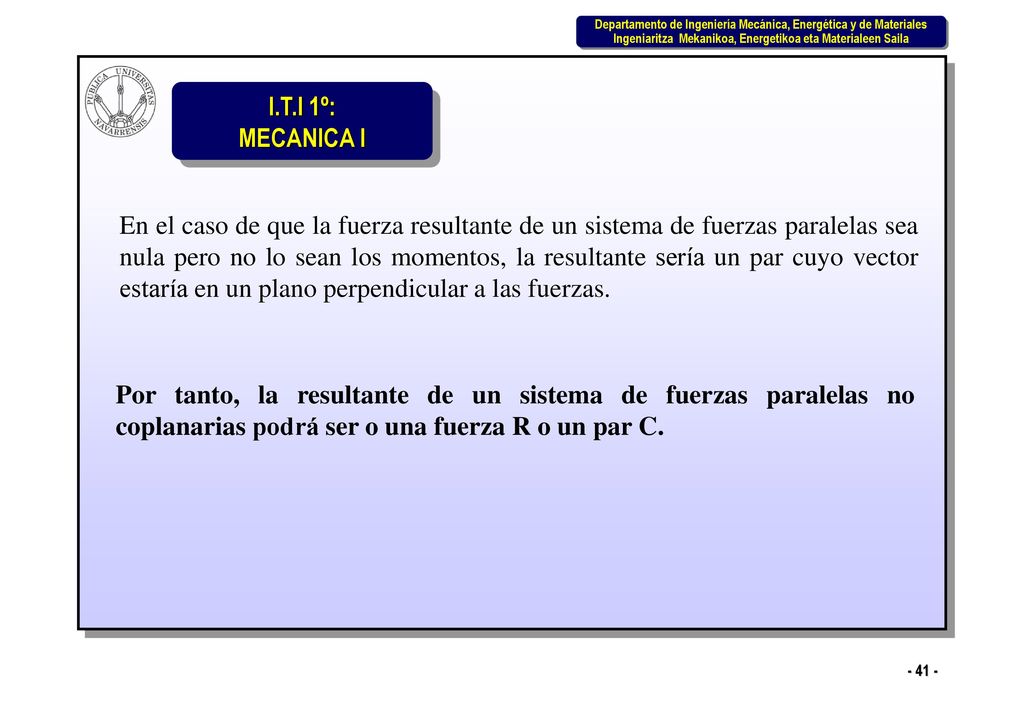 En el caso de que la fuerza resultante de un sistema de fuerzas paralelas sea nula pero no lo sean los momentos, la resultante sería un par cuyo vector estaría en un plano perpendicular a las fuerzas.