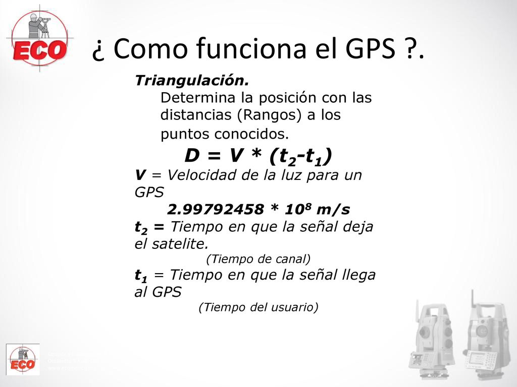 ¿ Como funciona el GPS . D = V * (t2-t1) Triangulación.