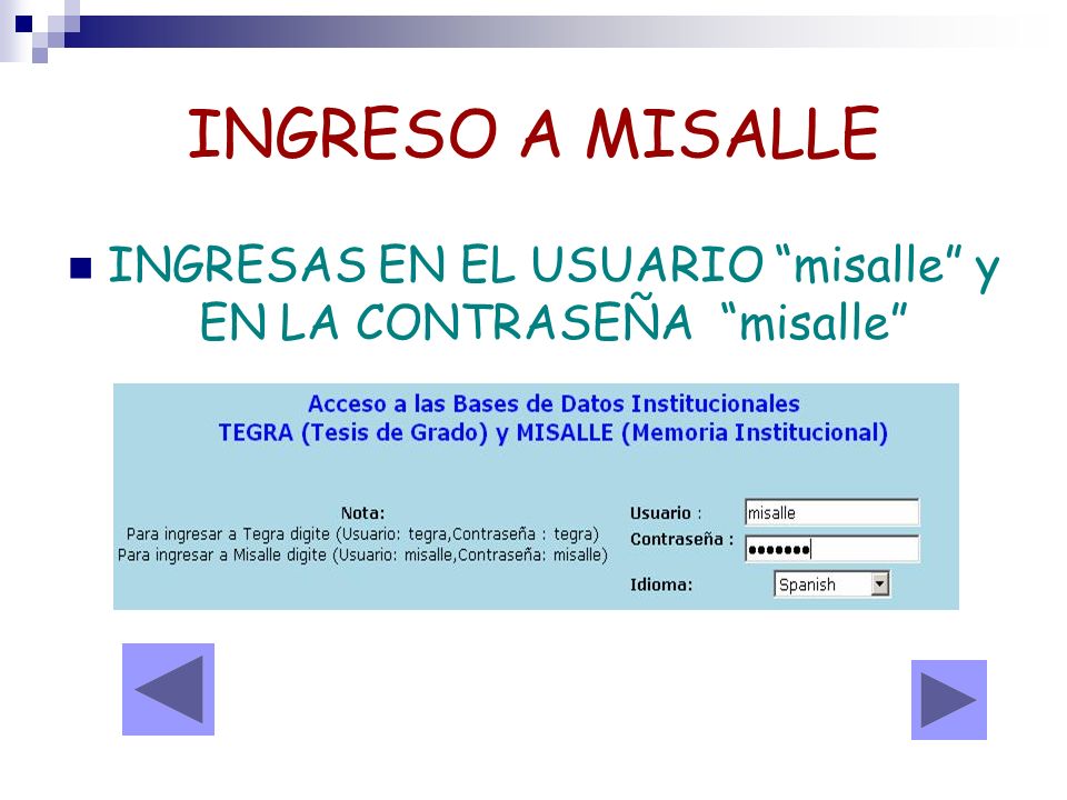 INGRESAS EN EL USUARIO misalle y EN LA CONTRASEÑA misalle