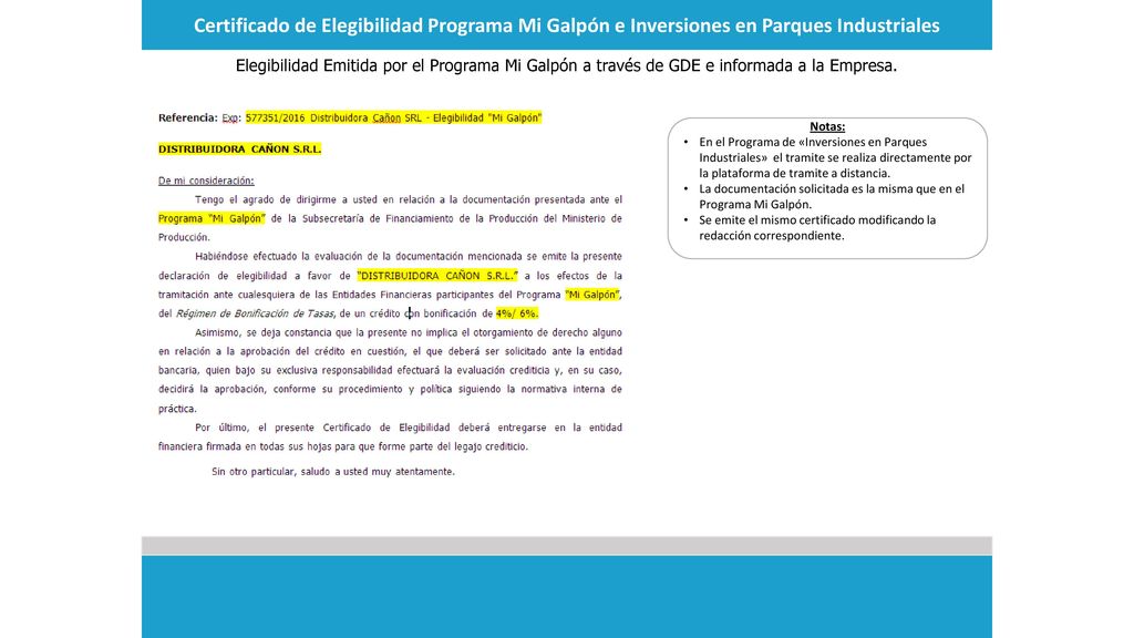 Certificado de Elegibilidad Programa Mi Galpón e Inversiones en Parques Industriales