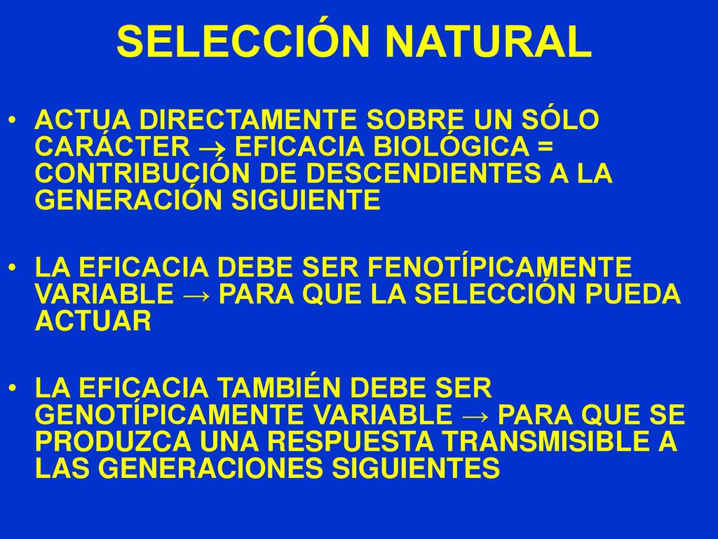 SELECCIÓN NATURAL ACTUA DIRECTAMENTE SOBRE UN SÓLO CARÁCTER  EFICACIA BIOLÓGICA = CONTRIBUCIÓN DE DESCENDIENTES A LA GENERACIÓN SIGUIENTE.
