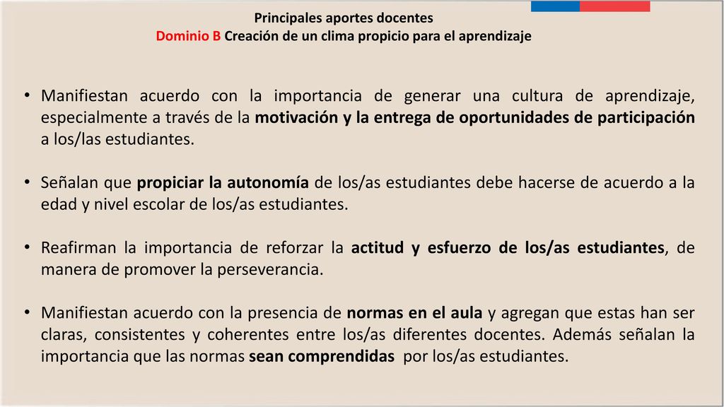 Principales aportes docentes Dominio B Creación de un clima propicio para el aprendizaje