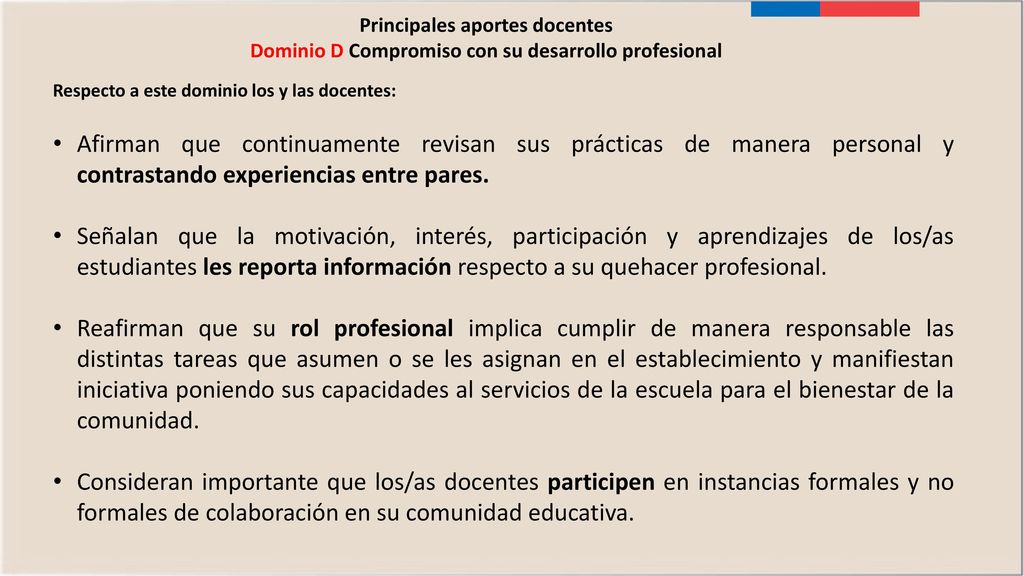 Principales aportes docentes Dominio D Compromiso con su desarrollo profesional