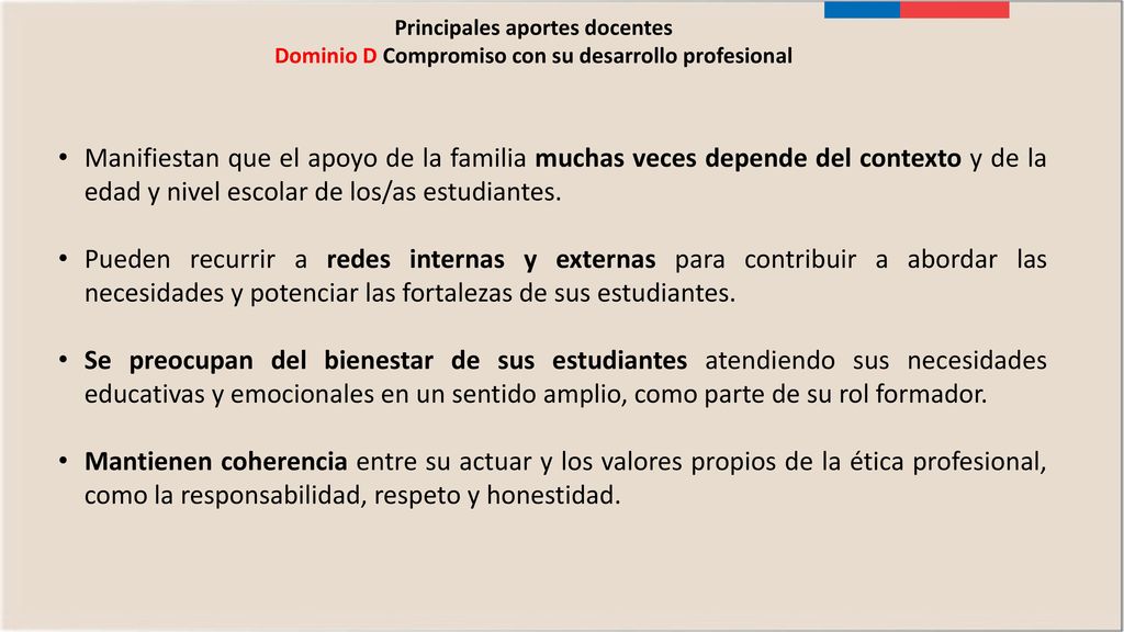 Principales aportes docentes Dominio D Compromiso con su desarrollo profesional