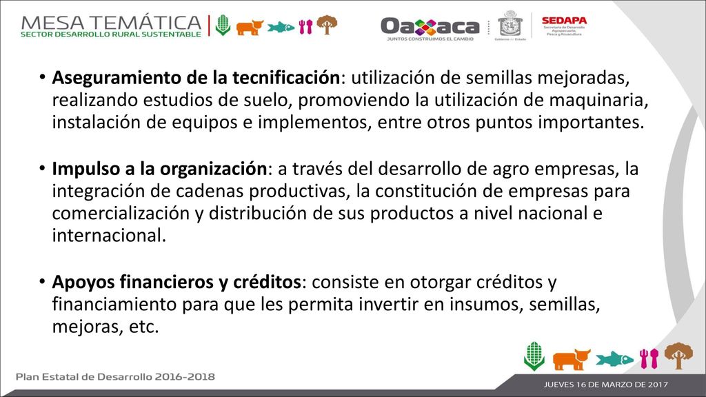 Aseguramiento de la tecnificación: utilización de semillas mejoradas, realizando estudios de suelo, promoviendo la utilización de maquinaria, instalación de equipos e implementos, entre otros puntos importantes.