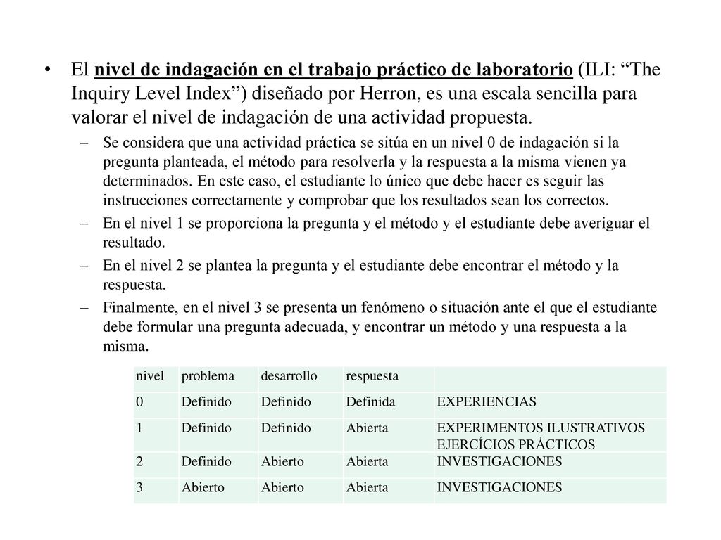 El nivel de indagación en el trabajo práctico de laboratorio (ILI: The Inquiry Level Index ) diseñado por Herron, es una escala sencilla para valorar el nivel de indagación de una actividad propuesta.
