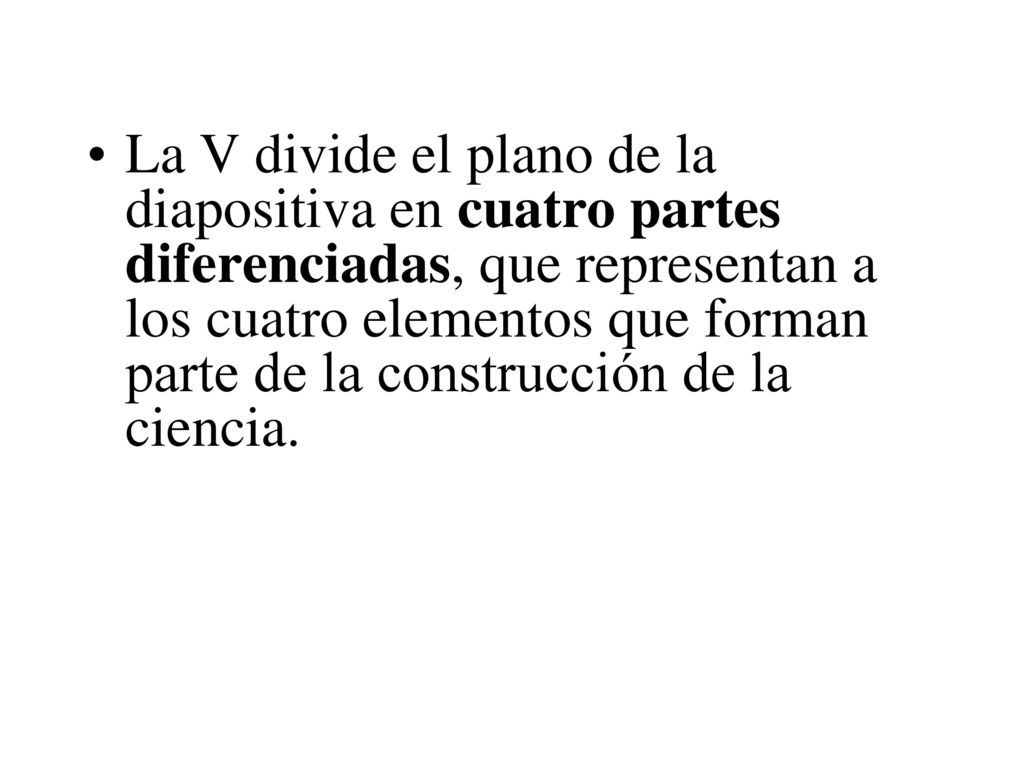 La V divide el plano de la diapositiva en cuatro partes diferenciadas, que representan a los cuatro elementos que forman parte de la construcción de la ciencia.