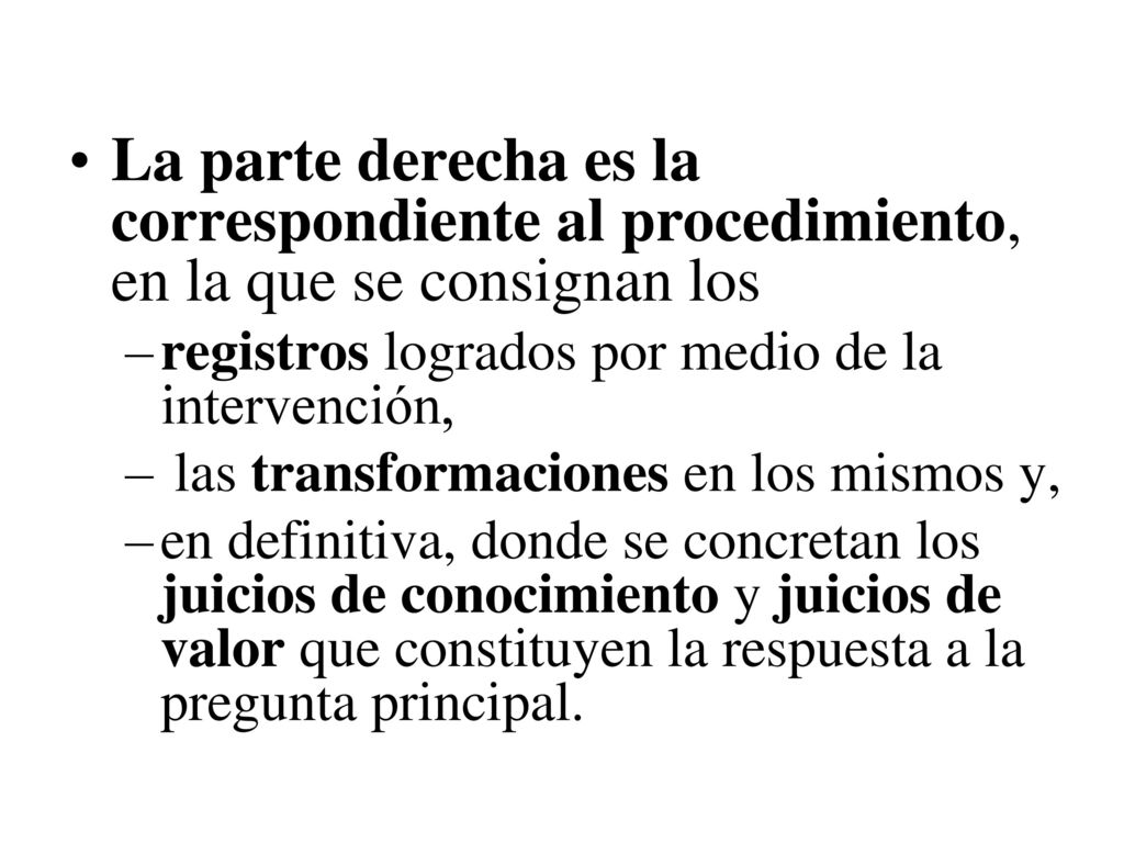 La parte derecha es la correspondiente al procedimiento, en la que se consignan los