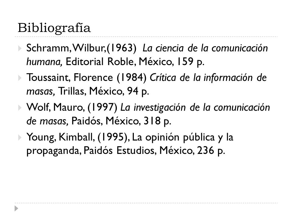 Bibliografía Schramm, Wilbur,(1963) La ciencia de la comunicación humana, Editorial Roble, México, 159 p.