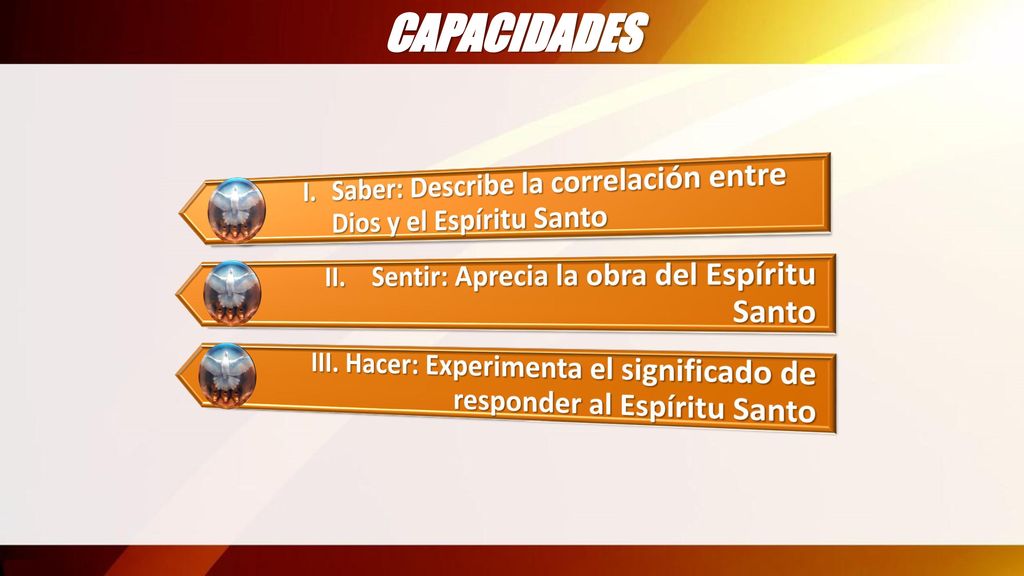 CAPACIDADES I. Saber: Describe la correlación entre Dios y el Espíritu Santo. II. Sentir: Aprecia la obra del Espíritu Santo.