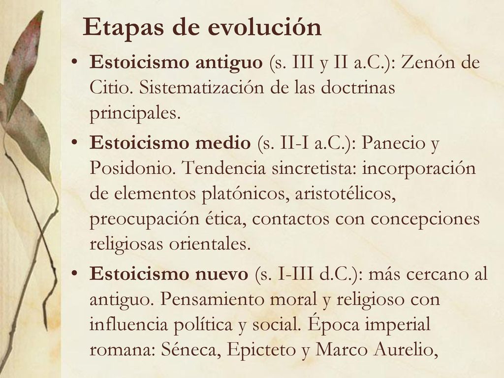 Etapas de evolución Estoicismo antiguo (s. III y II a.C.): Zenón de Citio. Sistematización de las doctrinas principales.