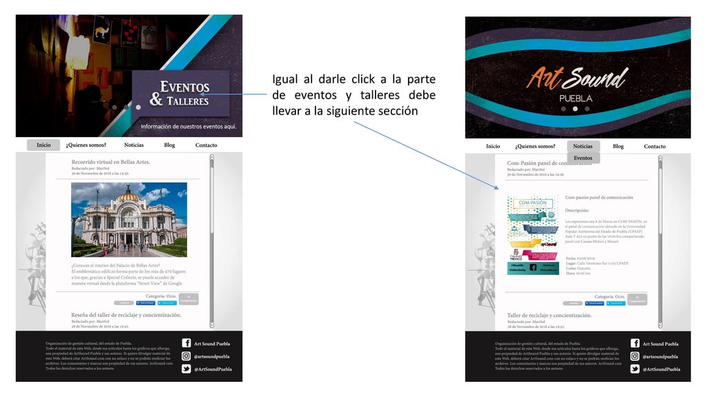 Igual al darle click a la parte de eventos y talleres debe llevar a la siguiente sección