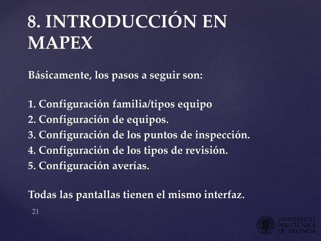 8. INTRODUCCIÓN EN MAPEX Configuración familia/tipos equipo