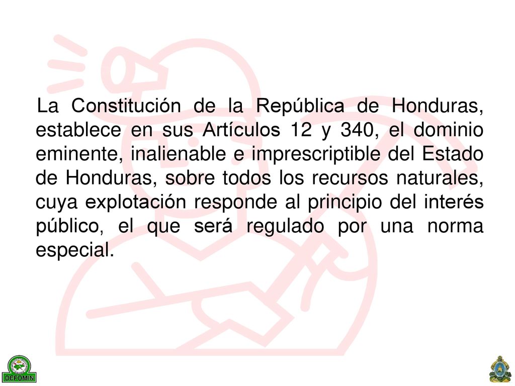 La Constitución de la República de Honduras, establece en sus Artículos 12 y 340, el dominio eminente, inalienable e imprescriptible del Estado de Honduras, sobre todos los recursos naturales, cuya explotación responde al principio del interés público, el que será regulado por una norma especial.