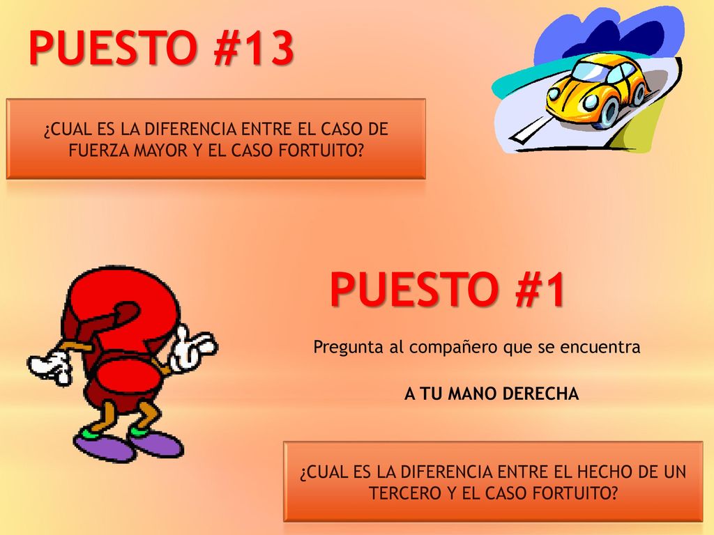 PUESTO #13 ¿CUAL ES LA DIFERENCIA ENTRE EL CASO DE FUERZA MAYOR Y EL CASO FORTUITO PUESTO #1. Pregunta al compañero que se encuentra.