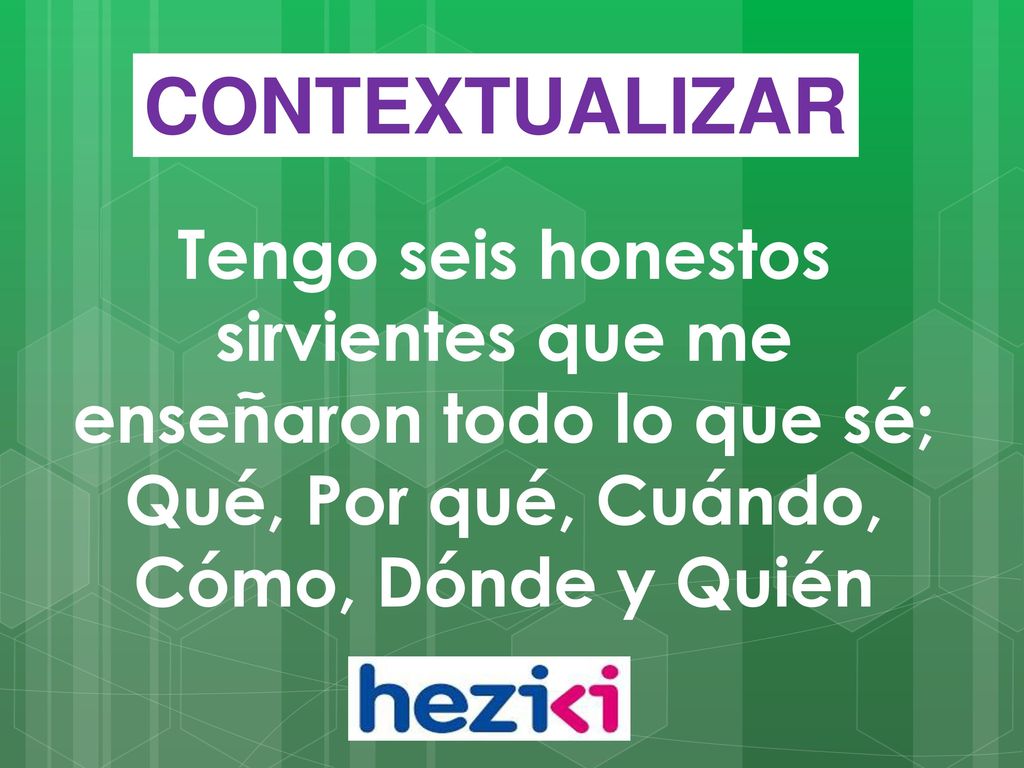 CONTEXTUALIZAR Tengo seis honestos sirvientes que me enseñaron todo lo que sé; Qué, Por qué, Cuándo, Cómo, Dónde y Quién.