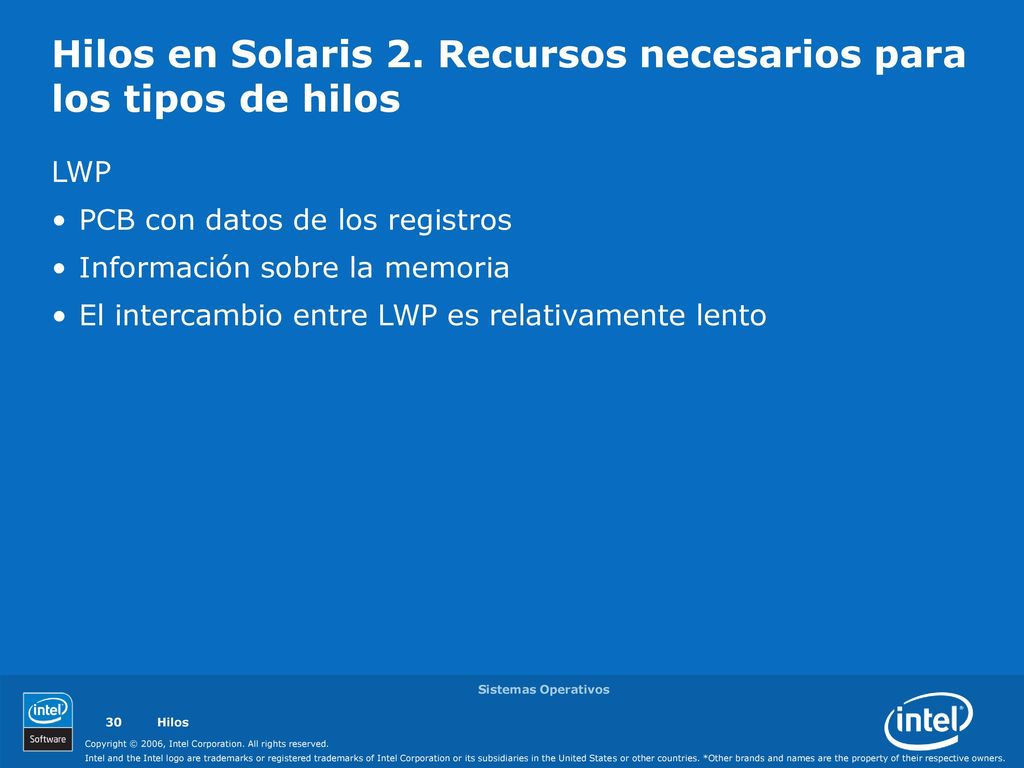Hilos en Solaris 2. Recursos necesarios para los tipos de hilos