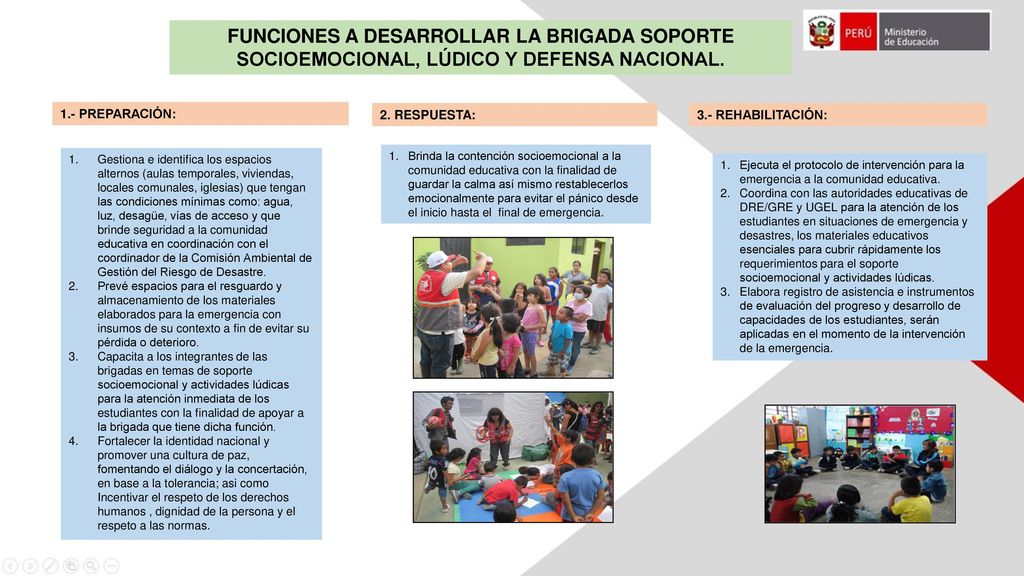 FUNCIONES A DESARROLLAR LA BRIGADA SOPORTE SOCIOEMOCIONAL, LÚDICO Y DEFENSA NACIONAL.
