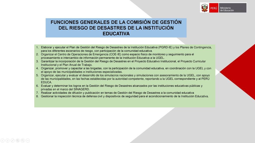 FUNCIONES GENERALES DE LA COMISIÓN DE GESTIÓN DEL RIESGO DE DESASTRES DE LA INSTITUCIÓN EDUCATIVA