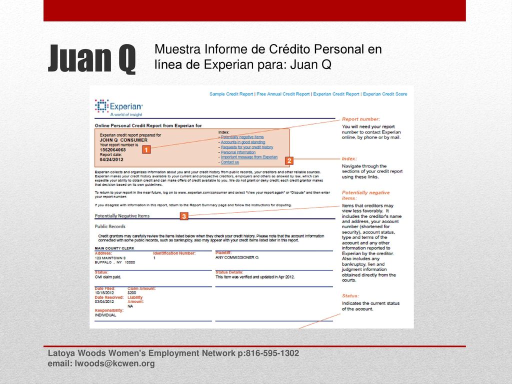 Juan Q Muestra Informe de Crédito Personal en línea de Experian para: Juan Q.